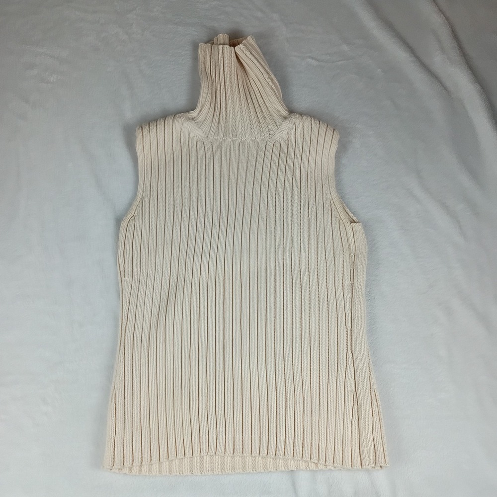 Gap Sweater Vest Women Large Beige Ribbed Knit Relaxed Fit Sleeveless Turtleneck